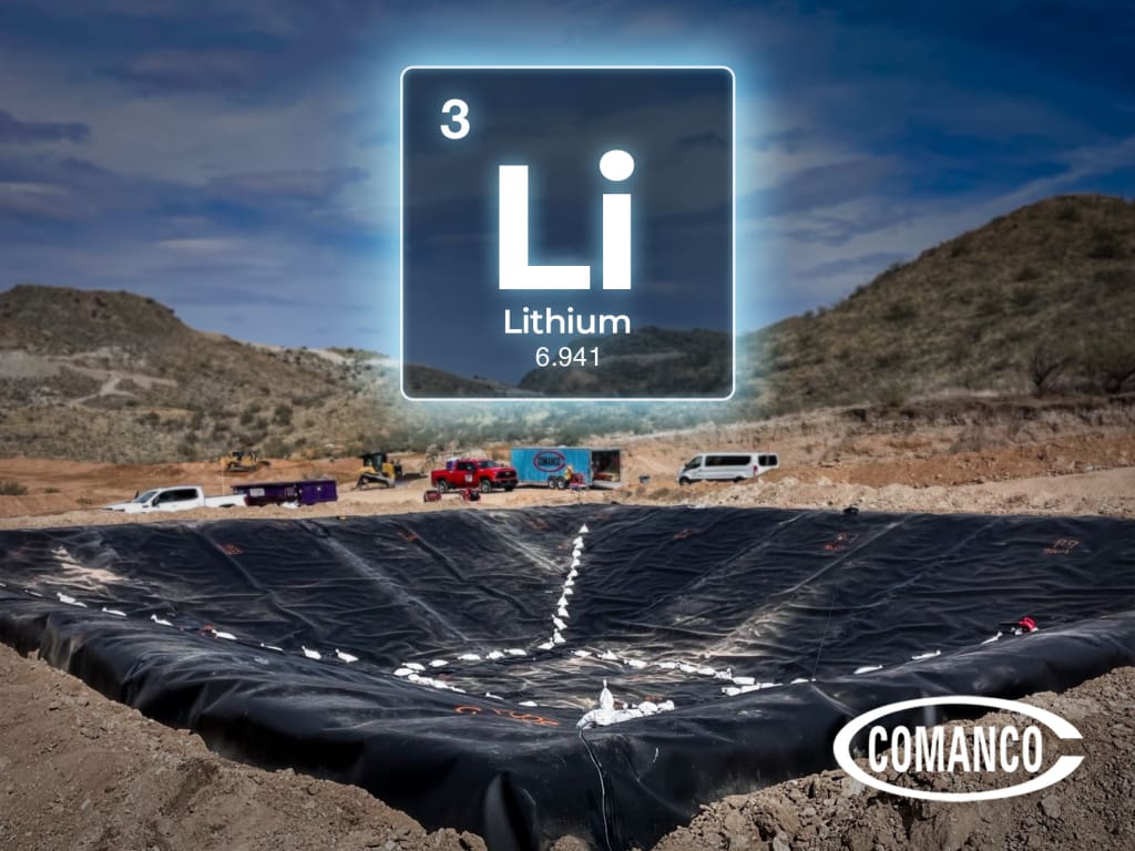 Cross-section infographic of a double-lined HDPE lithium process pond and its containment layers