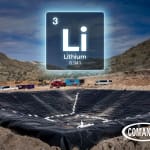 Cross-section infographic of a double-lined HDPE lithium process pond and its containment layers