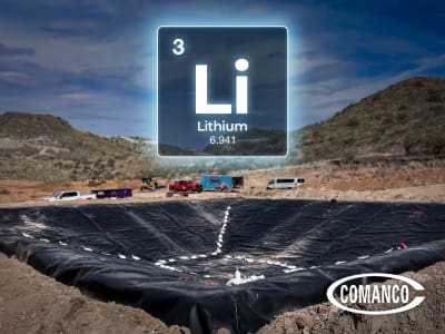 Cross-section infographic of a double-lined HDPE lithium process pond and its containment layers